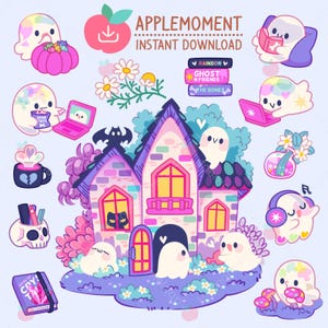 Kawaii Ghost Clipart Stickers, Hygge Home PNG (Digital Download)