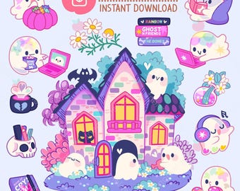 Cute Kawaii Printable Digital Stickers Clipart Hygge Cozy Ghost at Home, PNG, Commercial