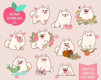 May include: A set of ten digital stickers featuring cute white fluffy dogs in various poses. The dogs are wearing pink collars and have pink hearts around them. The stickers are perfect for adding a touch of whimsy to your digital projects.