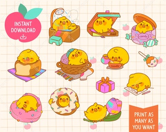 May include: A set of 10 digital clipart images featuring a cute yellow chick in various activities, such as taking a bath, eating noodles, and sleeping. The images are in a cartoon style and are perfect for adding a touch of whimsy to your projects.