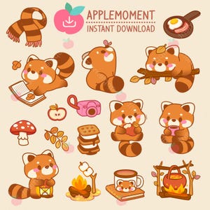 Süße Kawaii druckbare digitale Aufkleber Clipart Tiere roter Panda beim Camping, PNG, kommerzielle