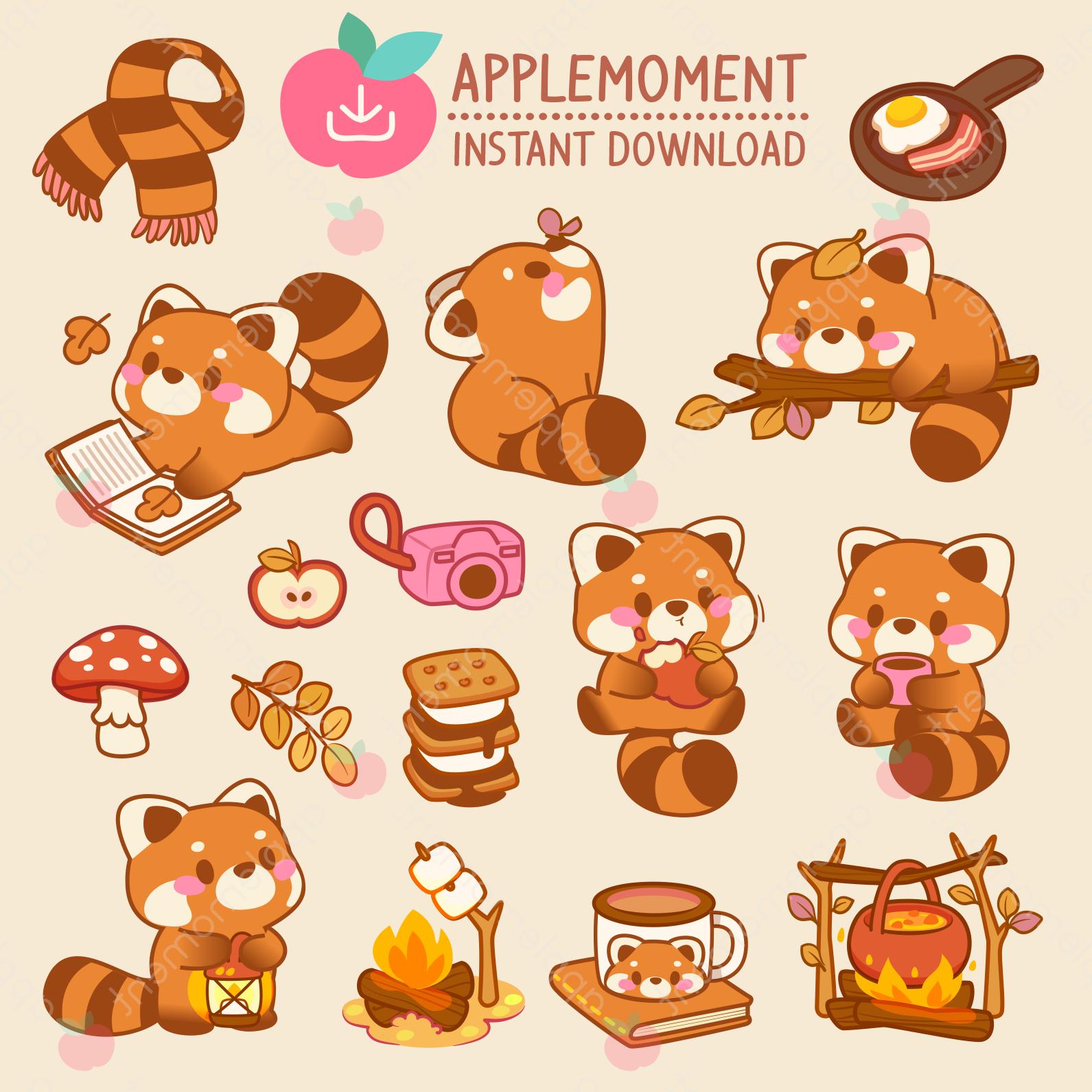 Cute Kawaii Printable Digital Stickers Clipart Animals Red Panda Going Camping, PNG, Commercial