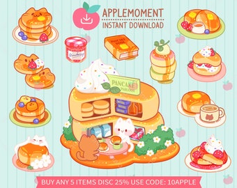 Puede incluir: Una ilustración digital de una panadería de panqueques con temática de gatos. La panadería está hecha de panqueques apilados con una variedad de coberturas, incluyendo crema batida, chispas y fruta. También hay varios gatos en la ilustración, algunos de los cuales están sentados en panqueques. El texto "Pancake Parlour" está escrito en un letrero sobre la panadería.