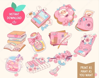Cute Kawaii Printable Digital Stickers Clipart Pink Gold Sakura Sheep, Daily Stationery Chic, Printable Planner Stickers, PNG, Commercial