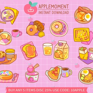 Adesivos digitais fofos para impressão Kawaii Clipart Café da manhã fofo, comidas e bebidas, PNG, comercial