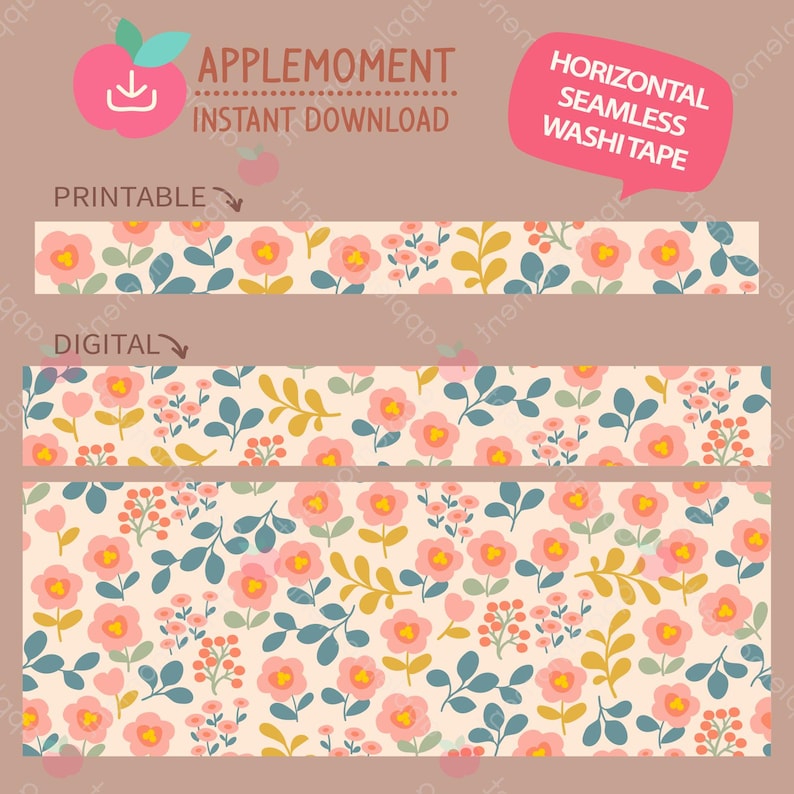 Cute Kawaii Printable Digital Stationery, Paster Flower Washi Tape Set ...