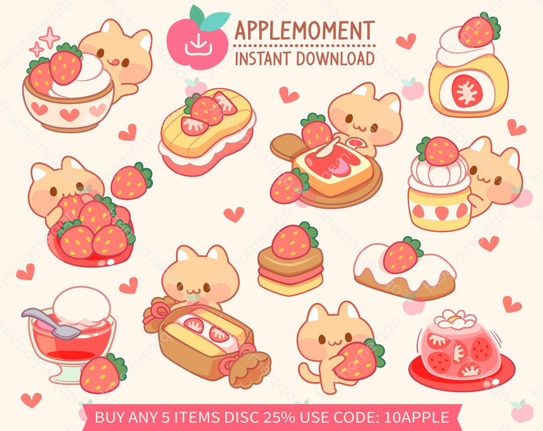 Cute Kawaii Printable Digital Stickers Clipart Strawberry Cat Cake, PNG ...