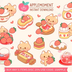 Lindo Kawaii Imprimible Digital Pegatinas Clipart Fresa Gato Pastel, PNG, Goodnotes, Comercial