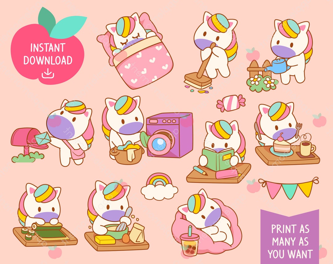Cute Kawaii Printable Digital Stickers Clipart Rainbow Unicorn Daily ...