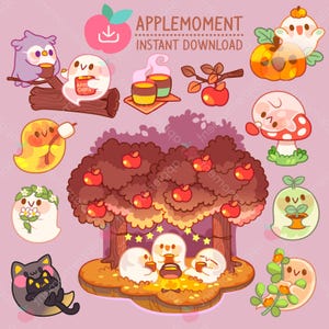 May include: A digital illustration with a pink background featuring various cartoon characters and elements. Includes an owl, ghosts, a cat, a mushroom, and an apple tree. The text "APPLE MOMENT INSTANT DOWNLOAD" is at the top.