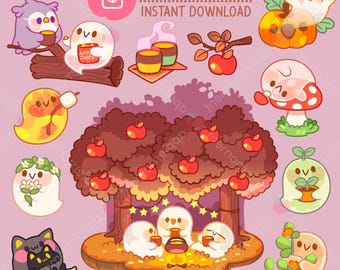 Kawaii Geist Clipart Aufkleber, Herbst PNG (digitaler Download)