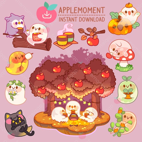 Cute Kawaii Autumn Ghost Clipart Stickers, PNG (Digital Download)