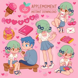 Lindas pegatinas digitales imprimibles kawaii Linda chica enamorada, PNG, comercial