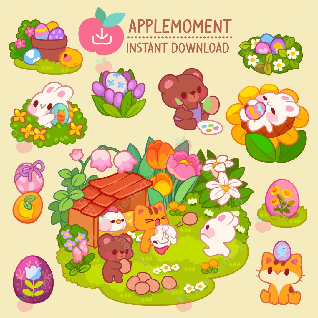 Cute Kawaii Printable Digital Stickers Clipart Animal Easter Bunny Egg ...