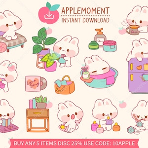 Niedliche Kawaii druckbare digitale Aufkleber Clipart Daily Life of Bunny Rabbit, Cosy Home, PNG, Goodnotes, kommerziell