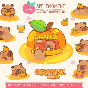 Niedliche Kawaii druckbare digitale Aufkleber Clipart Capybara Orange Bar, gemütliche Getränke Shop, PNG, Goodnotes, kommerzielle