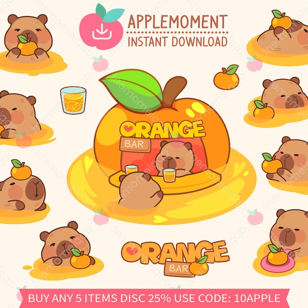 Cute Kawaii Printable Digital Stickers Clipart Capybara Orange Bar, Cozy Drinks Shop, PNG, Goodnotes, Commercial