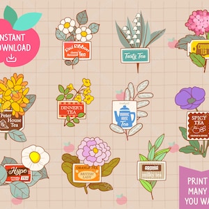 Kawaii Tea Flower Clipart Stickers: Rainbow Labels (PNG Digital Download)