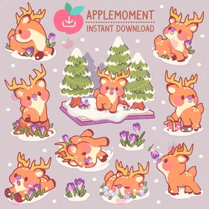 Stickers numériques imprimables kawaii mignons Clipart hiver forêt renne, PNG, commercial