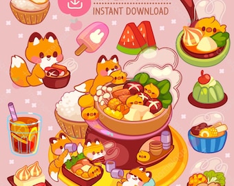 Kawaii Fuchs Hot Pot Clipart Aufkleber, PNG (digitaler Download)