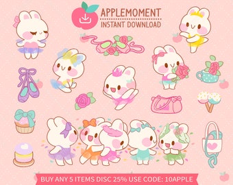 Cute Kawaii Printable Digital Stickers Clipart Illustration Ballerina Bunny Rabbit, PNG, Commercial