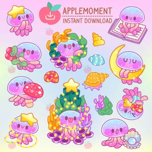 Lindas pegatinas digitales imprimibles kawaii, clipart de medusas brillantes, PNG, comercial