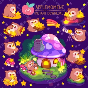 Schattige kawaii afdrukbare digitale stickers clipart dier uil Wish Upon A Star, png, commercial