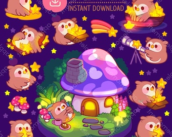 Kawaii Eule Clipart Aufkleber, Wish upon a Stern PNG (digitaler Download)