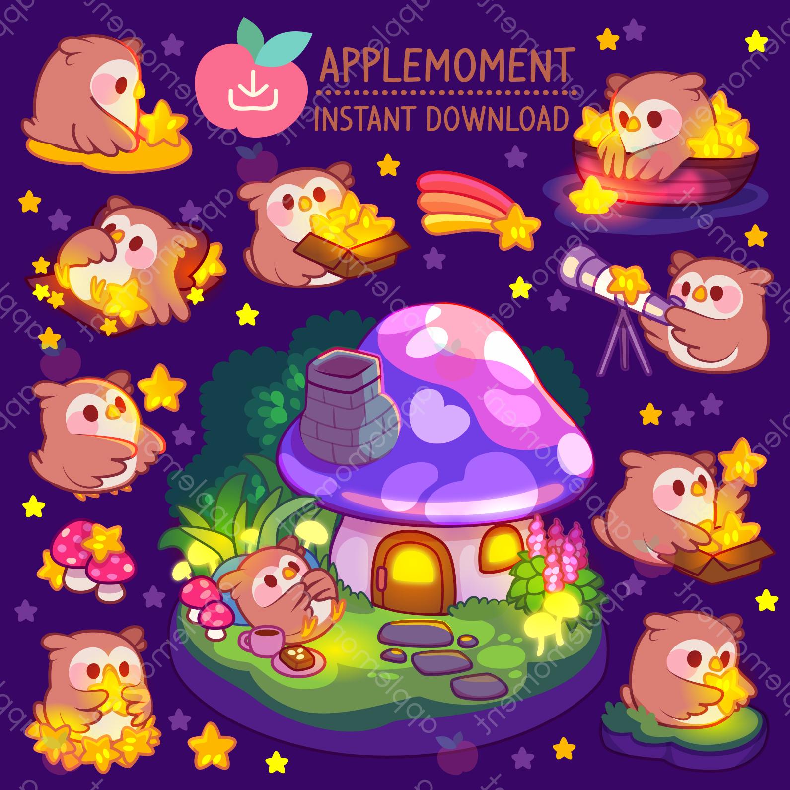 Cute Kawaii Owl Clipart Stickers, Wish Upon A Star PNG (Digital Download)