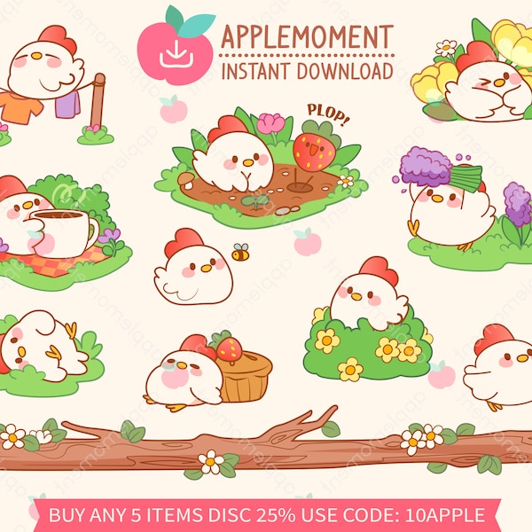 Cute Kawaii Printable Digital Stickers Clipart Chicken in the garden, Cottagecore, PNG, Commercial