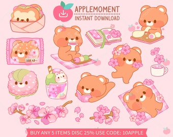Pegatinas de oso Sakura de primavera kawaii, PNG comercial (descarga digital)