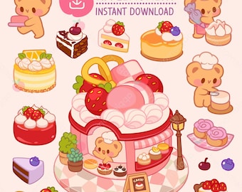 Kawaii Bären-Kuchen-Clipart-Aufkleber, kommerzielle PNG-Datei (digitaler Download)