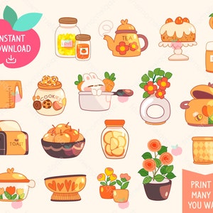 Puede incluir: Un conjunto de 15 ilustraciones coloridas que representan artículos de cocina y arreglos florales. Las ilustraciones incluyen una tetera, un tarro de galletas, un tarro de azúcar, un tarro de mermelada, un tarro de amor, una taza medidora, una tostadora, un tazón de manzanas, una olla con un conejito, una olla con flores, una olla con una abeja, una taza, un tazón con corazones, una maceta con flores, una maceta con tulipanes y un pastel en un soporte.