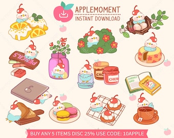 Puede incluir: Un conjunto de 12 imágenes de clipart digital que presentan lindos pájaros de dibujos animados con cerezas. Las imágenes incluyen un pájaro en un nido, un pájaro con una rebanada de pastel, un pájaro con una taza de té, un pájaro con un libro, un pájaro con una computadora portátil, un pájaro con un frasco de mermelada, un pájaro con un lápiz, un pájaro con un limón, un pájaro con una flor, un pájaro con un macaron, un pájaro con un sándwich y un pájaro con una cereza.