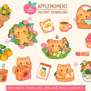 May include: A set of digital stickers featuring a cute orange cat in various scenes. The stickers include a cat with a camera, a cat in a basket of flowers, a cat with a cup of coffee, a cat with a cupcake, a cat with a bouquet of flowers, a cat with a pear, a cat with a glass of boba tea, a cat with a potted plant, a cat with a breakfast sandwich, and a cat with a lip balm. The stickers are perfect for adding a touch of whimsy to your digital projects.