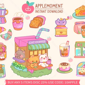 Süße Kawaii druckbare digitale Aufkleber Clipart Katze Café, PNG, Goodnotes, kommerziell