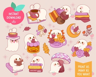 Autocollants numériques imprimables mignons Kawaii Clipart Purple Autumn Fall Ghost Books, Vie quotidienne, Autocollants de planificateur imprimables, PNG, Commercial