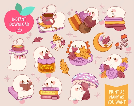 Cute Kawaii Autumn Ghost Clipart Stickers, Fall Planner (PNG Digital Download)