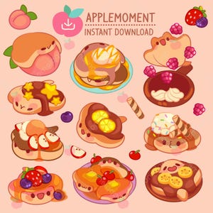 Stickers numériques imprimables kawaii mignons Clipart animaux raies galuchat crêpes, PNG, commercial