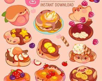 May include: A set of 10 digital clipart images featuring cute cartoon pancakes with various toppings, including fruit, chocolate, and whipped cream. The images are perfect for use in digital scrapbooking, card making, and other creative projects.