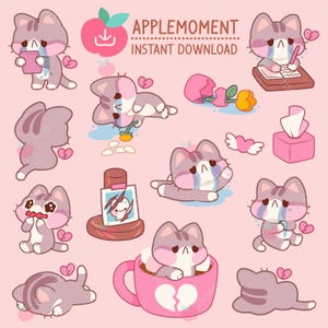 Lindos adhesivos digitales imprimibles kawaii, clipart de gatito triste con el corazón roto, PNG, comercial