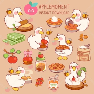 Stickers numériques imprimables kawaii mignons Clipart animaux canard et abeille automne cuisson, PNG, commercial