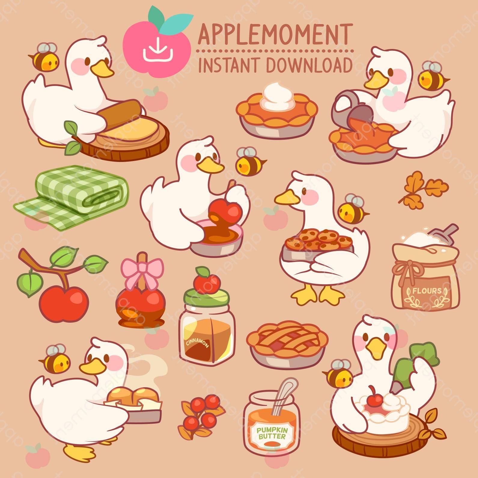 Kawaii Duck and Bee Clipart: Autumn Baking Stickers (PNG Digital Download)