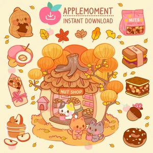 Adesivi digitali stampabili kawaii carini Clipart Animali Piccolo gattino Gatto Negozio di noci, PNG, Commerciale