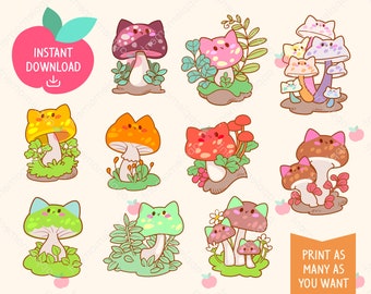 Pegatinas de gato y hongo kawaii: Clipart de arcoíris, PNG para planificador (descarga digital)