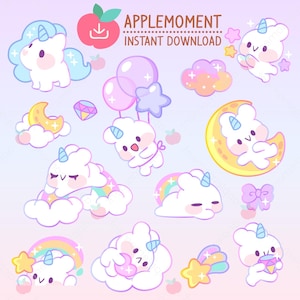 Süße Kawaii druckbare digitale Aufkleber Clipart Tiere Regenbogen verträumte Häschen Einhorn, PNG, kommerzielle