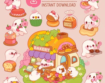 Kawaii Geist Backen Clipart Aufkleber, PNG (digitaler Download)