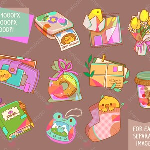 Puede incluir: Un conjunto de 10 im&aacute;genes de clipart digital coloridas que presentan una variedad de objetos, que incluyen un diario, una dona, un ramo de flores, una c&aacute;mara, un calcet&iacute;n, una bebida, una carta y un juguete peque&ntilde;o. Las im&aacute;genes son perfectas para agregar un toque de fantas&iacute;a a tus proyectos digitales.