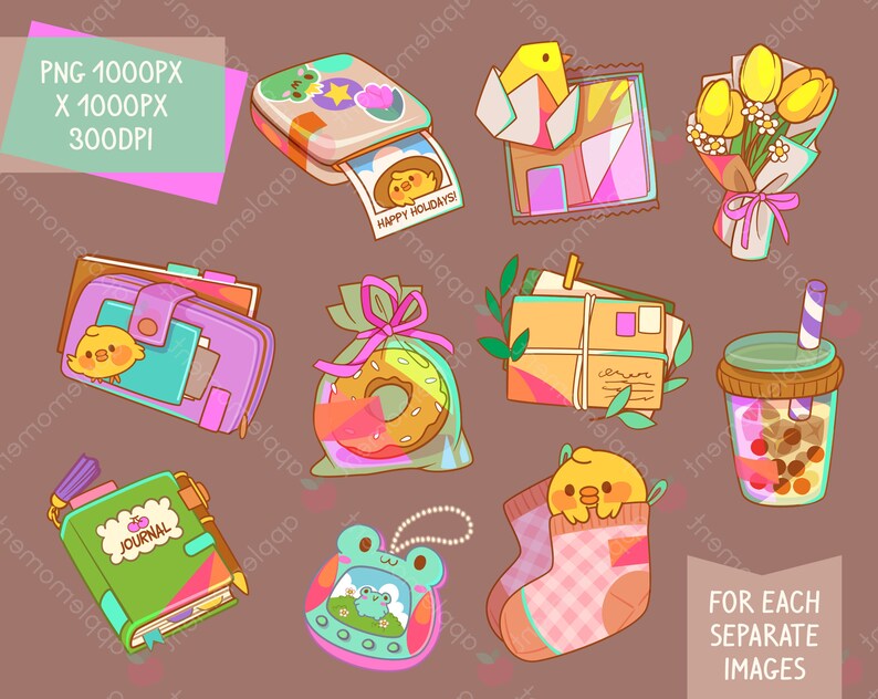 Puede incluir: Un conjunto de 10 im&aacute;genes de clipart digital coloridas que presentan una variedad de objetos, que incluyen un diario, una dona, un ramo de flores, una c&aacute;mara, un calcet&iacute;n, una bebida, una carta y un juguete peque&ntilde;o. Las im&aacute;genes son perfectas para agregar un toque de fantas&iacute;a a tus proyectos digitales.