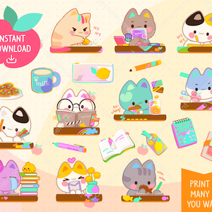 Simpatico adesivo studio gatto Kawaii Digital Clipart, cancelleria scolastica, adesivi stampabili Planner, Cricut e Silhouette, commerciale